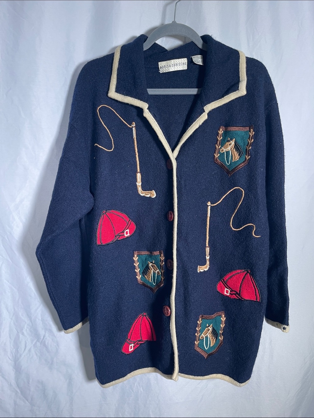 MARISA CHRISTINA VINTAGE WOOL NAVY BLUE CARDIGAN SWEATER EQUESTRIAN HORSE LARGE